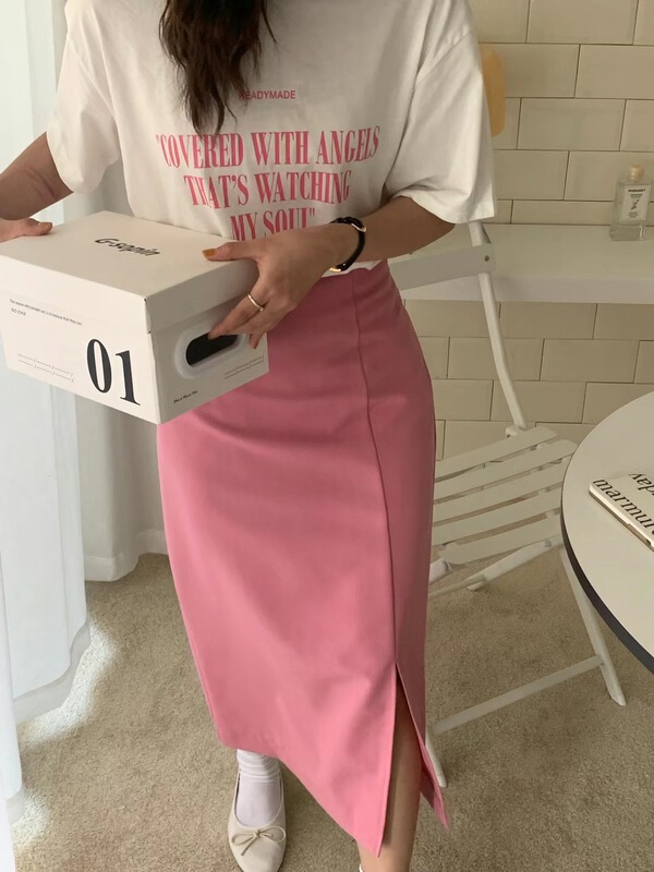 goods in stock! New in early summer! [o.lucky] high waist slim solid color slit skirt 1612-1# HBx