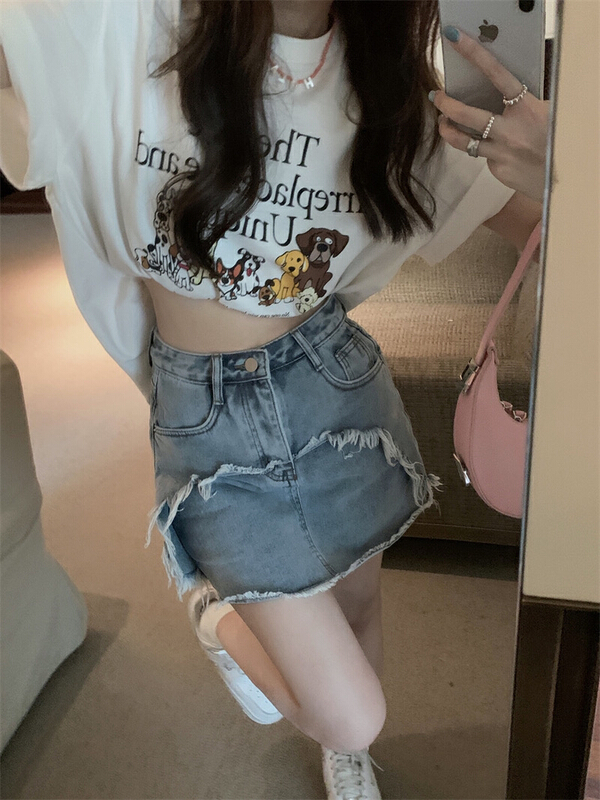 New in early summer! [ten. Ten] Korean version ins high waist slim stitched denim skirt 33398# WPL