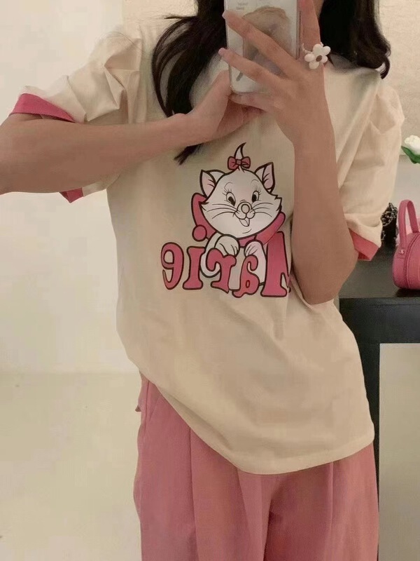 [o.lucky] sweet contrast color cat bubble sleeve short sleeve T-shirt 1748# HBx