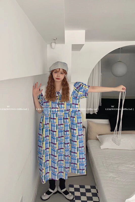 [le&wong] Lapel contrast Vintage Plaid Dress 8823\wtt