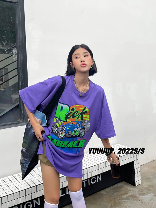 [yuup] American racing car front and back letter watermark short sleeve T-shirt 622115# LSL