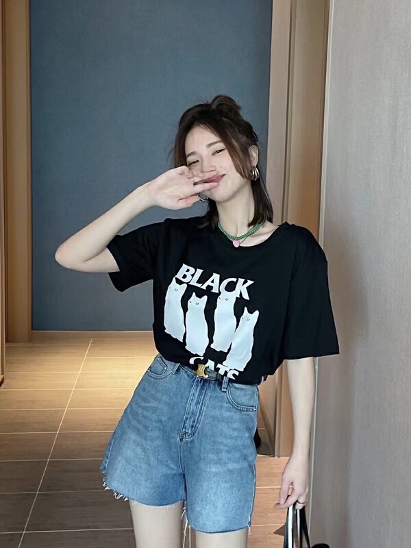 New in early summer! [G.W] fashionable and versatile kitten print short sleeve T-shirt 5562# zxx