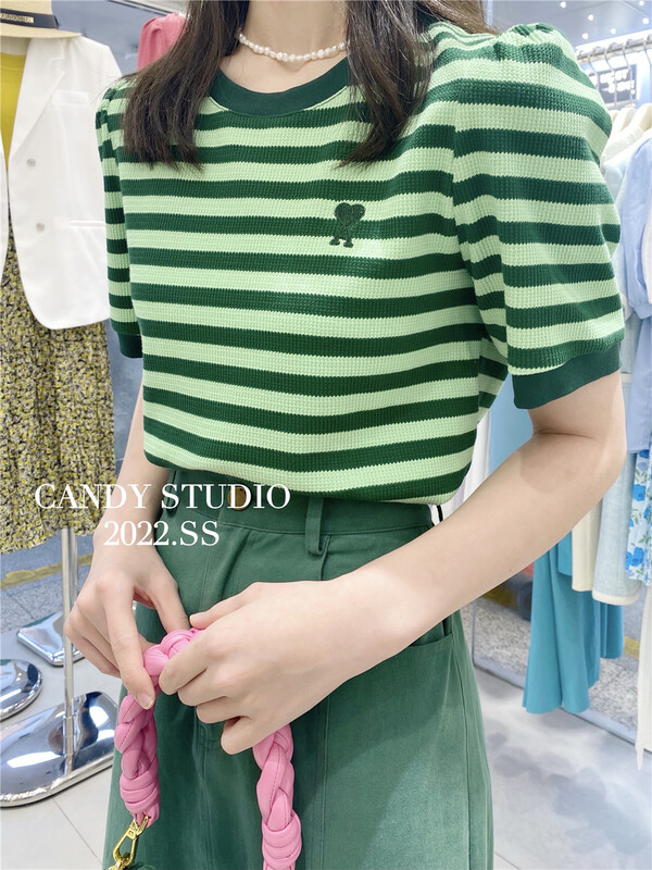 [candy] Korean stripe bubble sleeve short sleeve T-shirt b7337# zjy