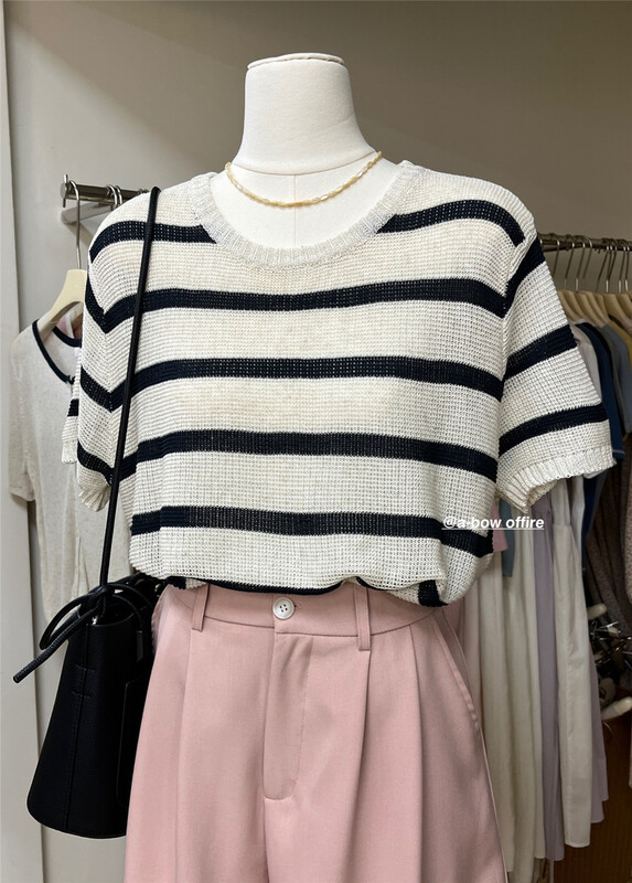 [a-bow studio] Korean color contrast stripe short sleeved T-shirt 9002# zjy
