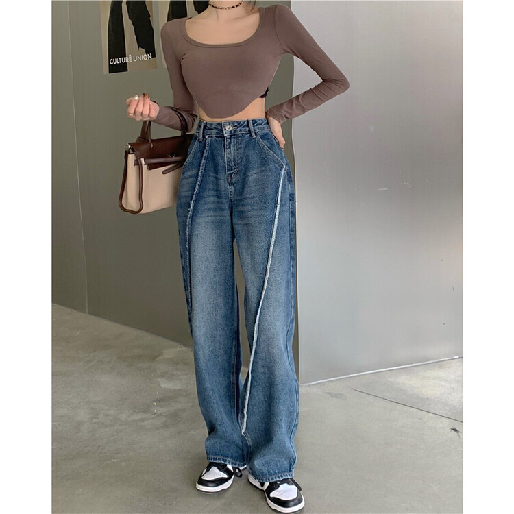[four seasons] High Waist Wide Leg open line stitching port style loose straight jeans 0280# LSL