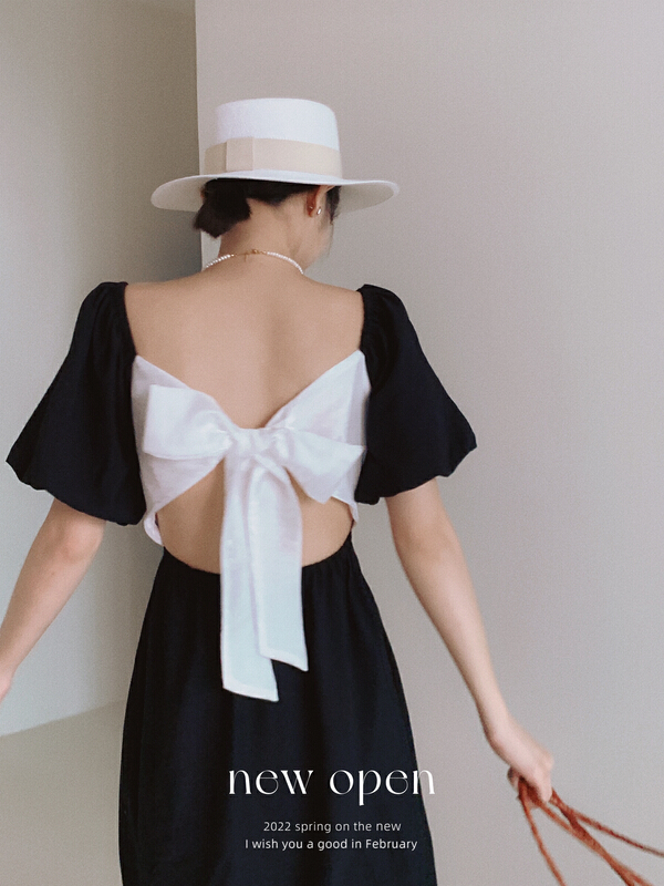 New in early summer! [new open] Korean version white square neck short sleeve wide truffle back thin A-line dress wl22583# zxl