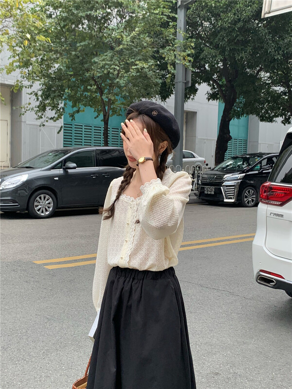 [feeding] soft stitching lace bubble sleeve button up blouse 7791-h7# cqw