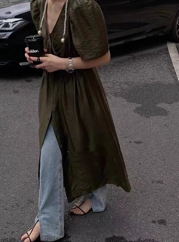 [lidada] Korean Tencel V-neck dress (with pearl necklace) 2971# HBx