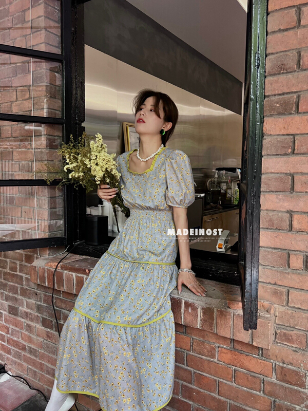 [OSHA madeinost] contrast color edge retro temperament big swing dress 86305# ll