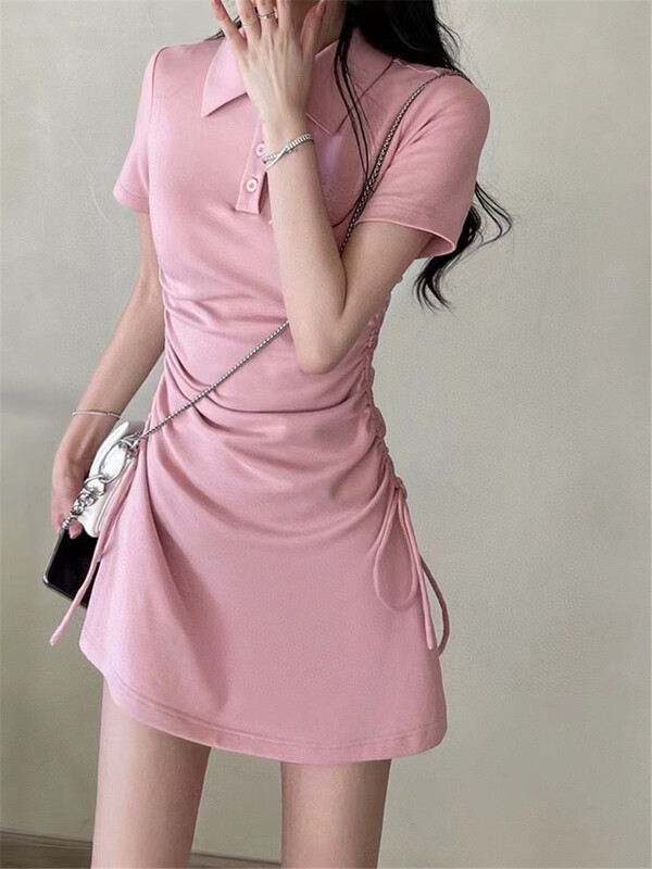 goods in stock! New in early summer! [Han C family] little woman polo collar pleated bandage slim dress 5568# PCZ