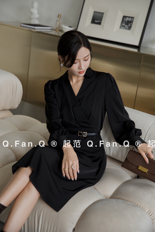 Early winter NEW! [style] acetic acid Satin simple and atmospheric V-neck dress (with belt) 7756# JJ