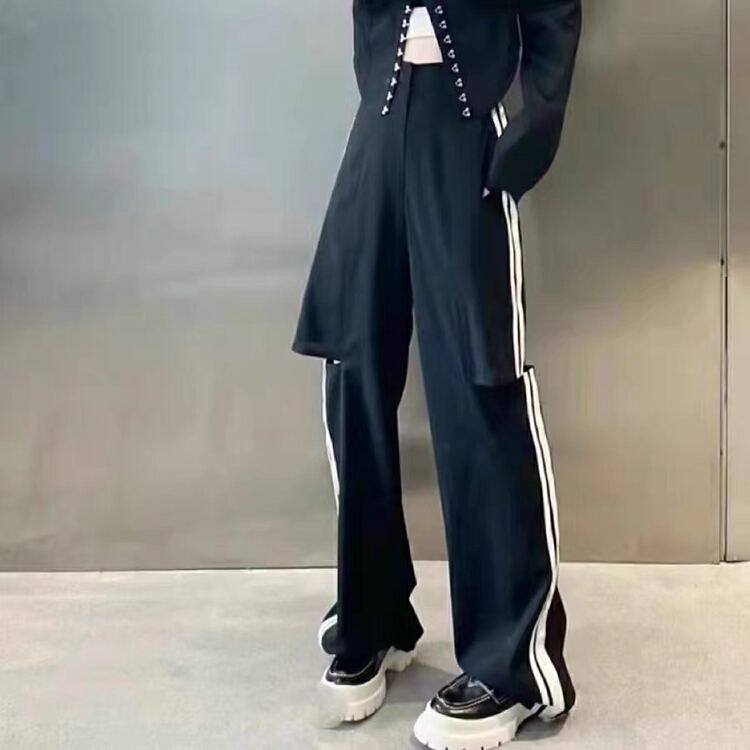 [Nancy] design sense niche hollowed out black side stripe cut sportswear pants bs6302# WPL