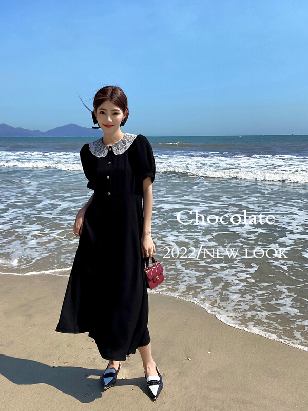 [chocolate] Korean stitched lace doll neck bubble sleeve dress 20026# ll