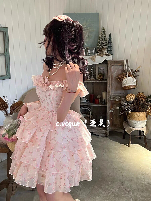 [c.vogue] French soft and sweet embroidery drop sleeve suspender dress 3805# PCZ