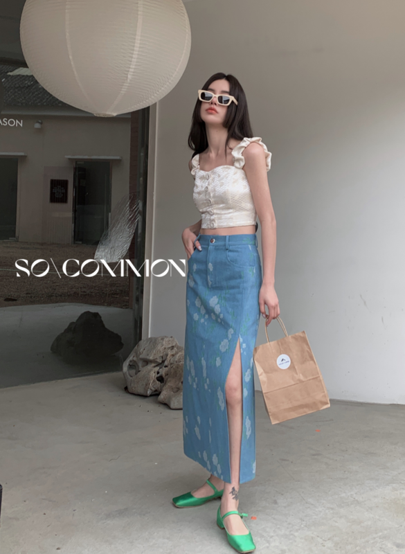 [so common] Embroidered Denim split skirt 62440# XYJ