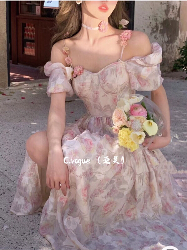goods in stock! [c.vogue] French fairy design, halo dyeing, small crowd drop sleeve dress 2887# PCZ