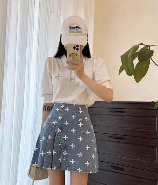 [Tutu] Korean polo collar knitted short sleeve T-shirt + high waist pleated skirt set c589# zxx