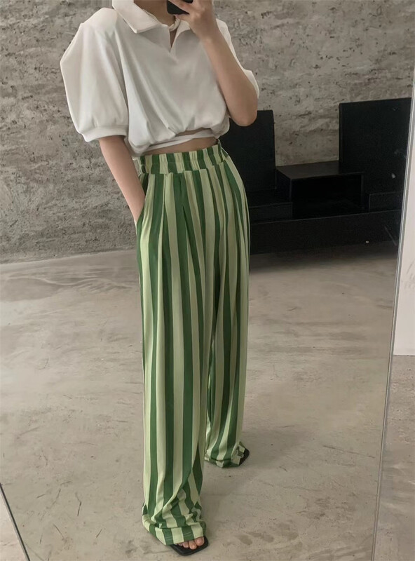 [3. Three point] Korean personalized loose vertical stripe casual pants 7196# cqw
