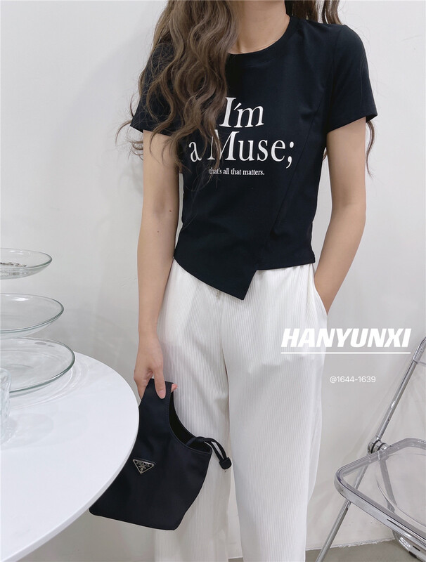 New in early summer! [Han Yunxi] Korean irregular hem letter short sleeve T-shirt 1644# CLS