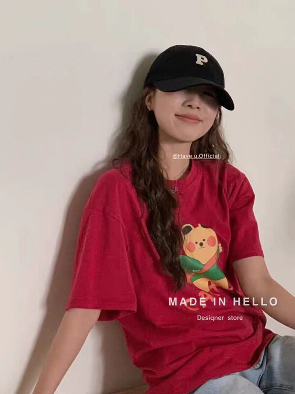 [Hello] simple casual bear print loose short sleeve T-shirt 8856# XYY