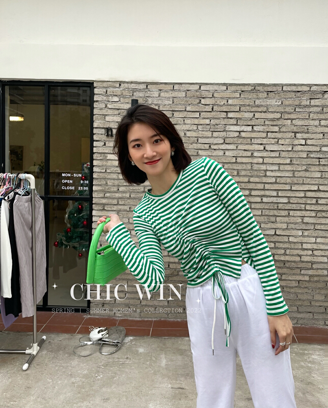New year in early spring! [chic win] Korean fashion drawstring stripe knitted round neck long sleeve T-shirt 5017# CSX