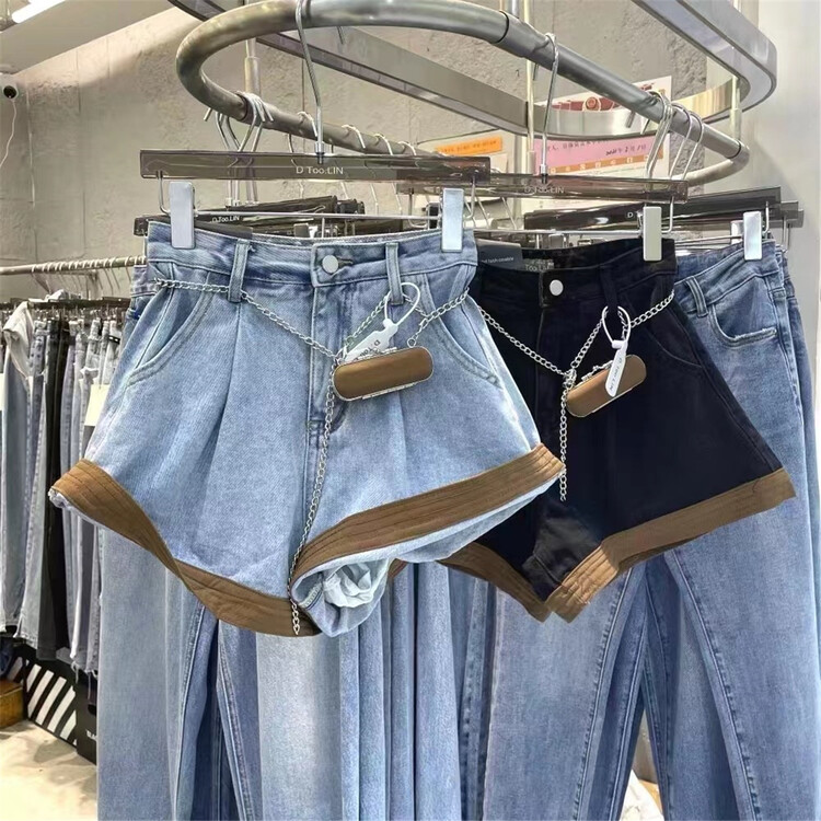 New in early summer! [Yan Zhen] casual contrast color high waist denim shorts (with chain) 55223# PCZ