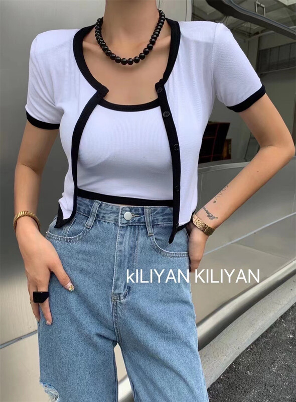 [Kili] color blocking fashion suspender Vest + slim short sleeve T-shirt set 2801# XYJ