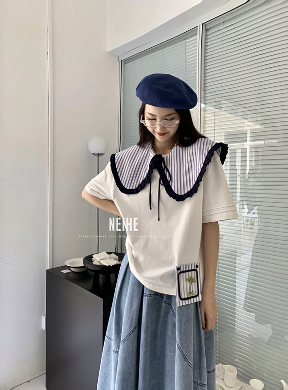 goods in stock! In early summer! [neihe] stripe cute slim short sleeve T-shirt (with shawl) 11376\zxx