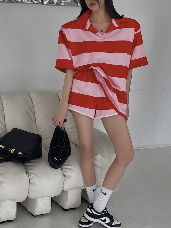 [Wu / u] Korean loose Stripe Print short sleeve + versatile casual Shorts Set w516# LSL