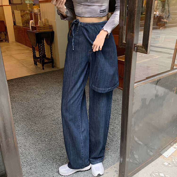 Original price 107.16! New year in early spring! [timely rain] Han Feng ins Retro High Waist thin loose wide leg jeans (detachable with apron) a7046# jhy
