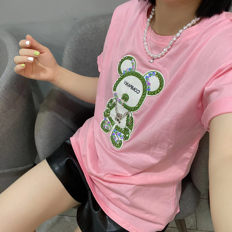 [Qijia +] handmade bead nailing versatile fashion short sleeve T-shirt 7599# zyh