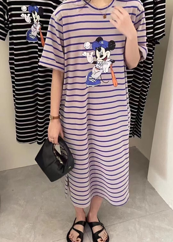 New in early summer! [m.zi studio] round neck casual stripe Mickey dress 3537# HBx