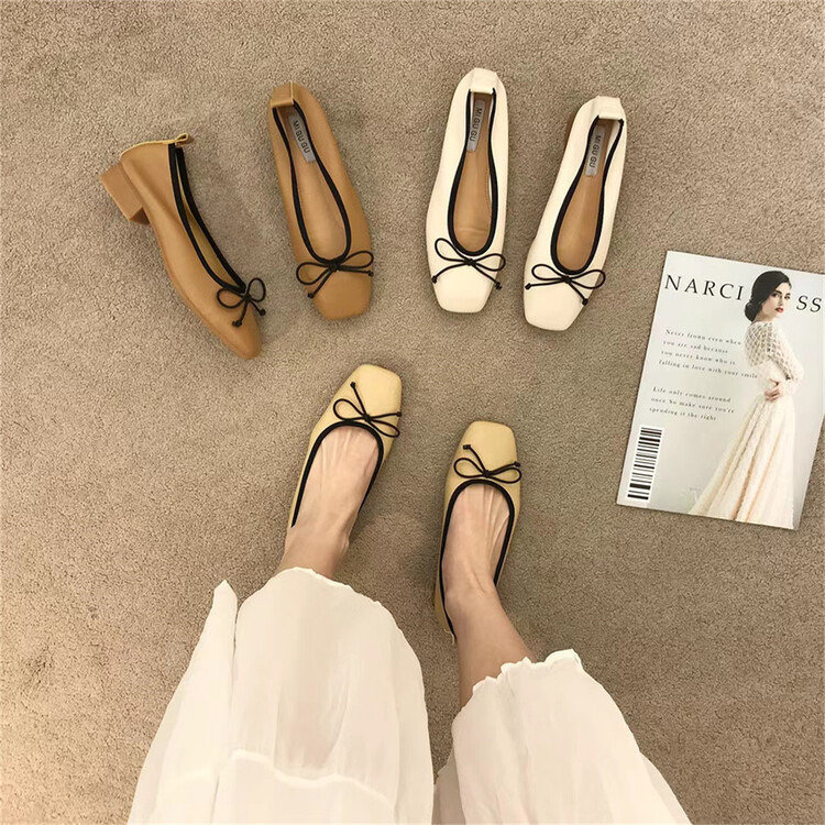 [DS. Gift] French gentle wind shallow mouth bow low flat heel shoes 5303# LSL