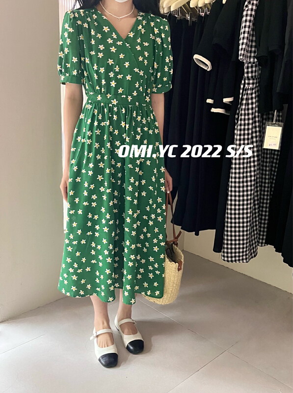 [O MI] Korean V-neck sunflower dress 7313# HBx