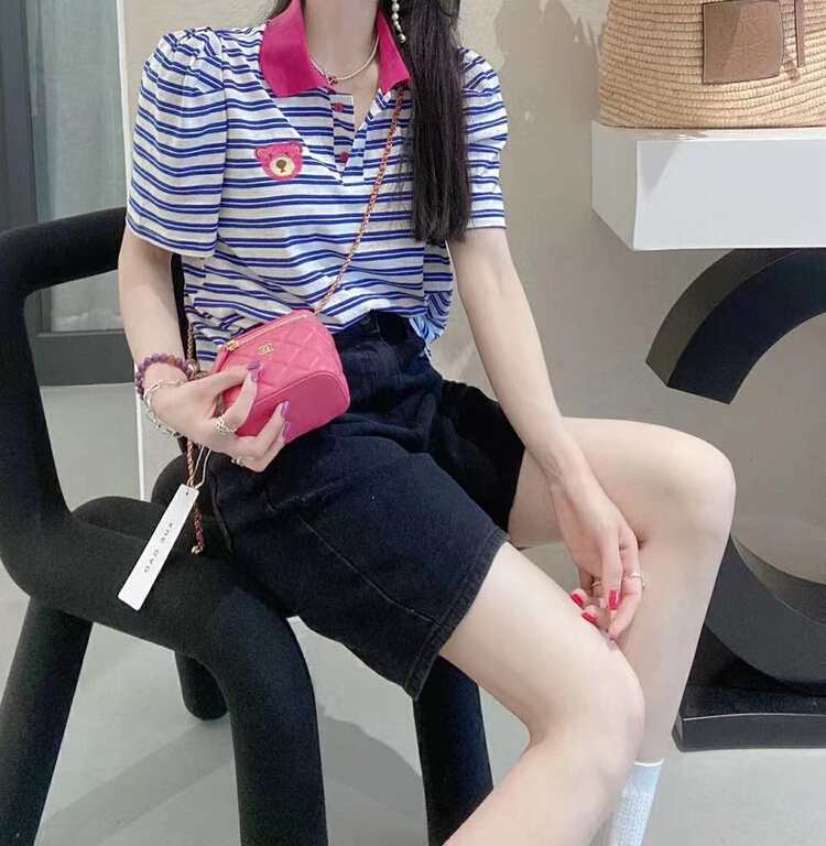 New in early summer! [rainbow] stripe contrast embroidery Polo bear short sleeve T-shirt 08107# WTT