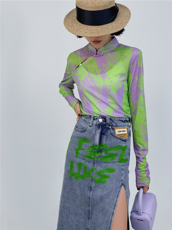 [Eric] fashion design sense short contrast color stand collar sunscreen shirt 2313# ozq