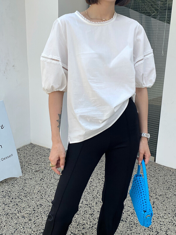 [Za] lace collar bubble sleeve hollowed out short sleeve T-shirt 18280# LSL
