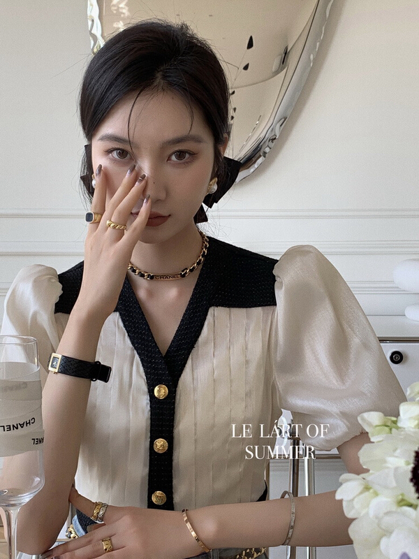 [rasion] premium bubble sleeve V-neck shirt (only shirts) 6421# LSL