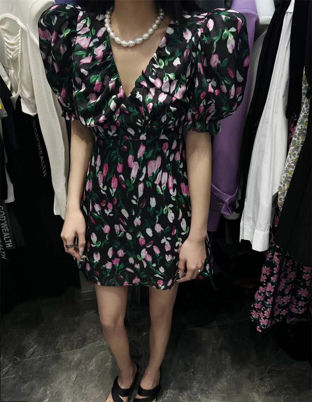 [buyer Yan Xuan - God of wealth] Korean printed waist closing bubble sleeve dress 1332# Cl