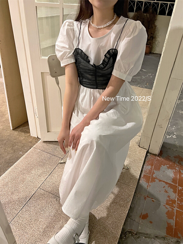 In early summer! [new time] Korean round neck color matching fake two shirt dress 1093\xyy