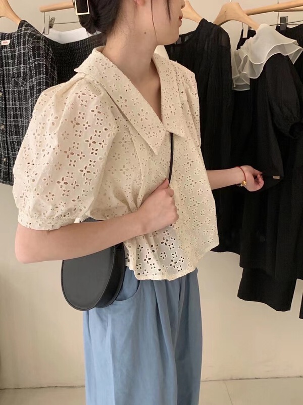 [o.lucky] doll neck hollow out bubble sleeve blouse 1787# HBx