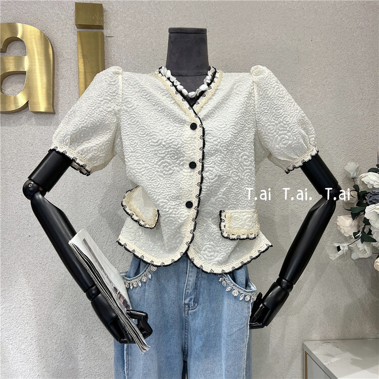 [t.ai] Korean V-neck jacquard short shirt 20030# zxx