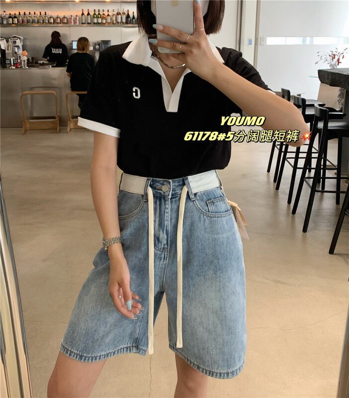 [Youmo] stitching design sense Vintage denim shorts 61178 blue-61178-1 nostalgic color # LSL