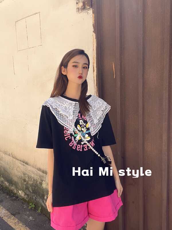 goods in stock! New in early summer! [Haimi] Korean fashion lace double lace Mickey printed short sleeved T-shirt (short sleeved only) 1798# WTT