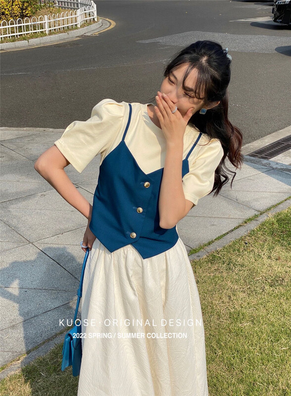 New in early summer! [kuose kuoser] lady bubble sleeve fake two short blouses 89670# WPL