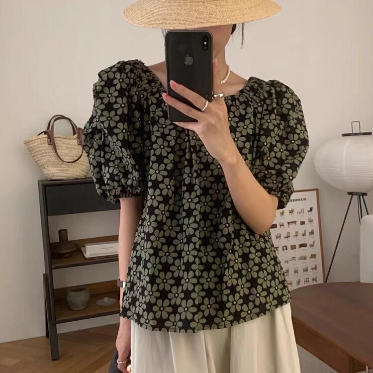 [the nice] Vintage Floral bubble sleeve shirt a9208# hjy