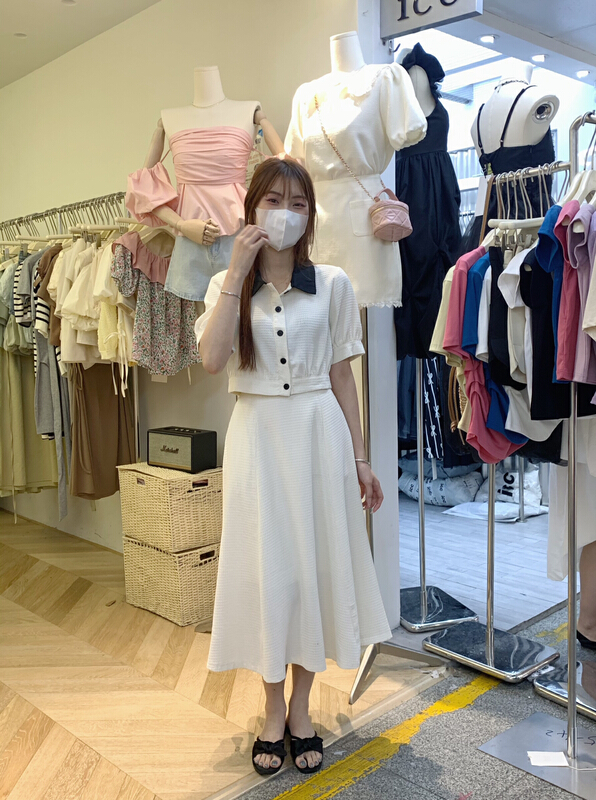 【AS】韓版淑女修身撞色小衫+大擺淨色中長款半身裙套裝  a6569#  HJY