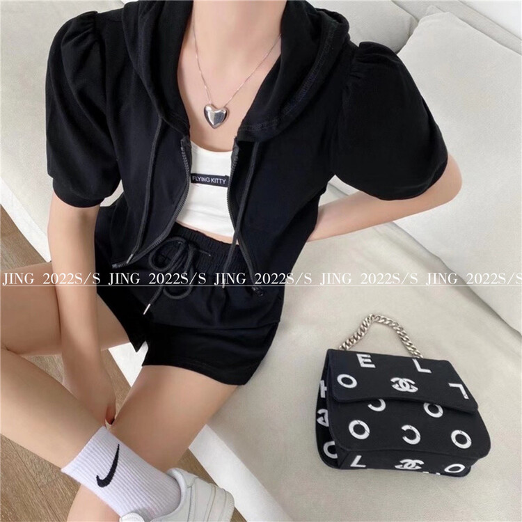 [Jing] Korean hooded zipper jacket + sports casual shorts two piece suit 6657# cqw