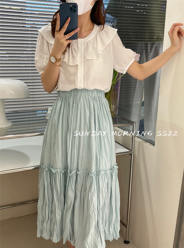 [Sunday morning] simple solid color pleated elastic waist skirt 6955# ZSY