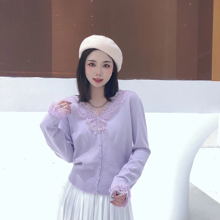 Early spring! [S.J] French small fragrance lace stitched V-Neck Sweater 6767# LSW